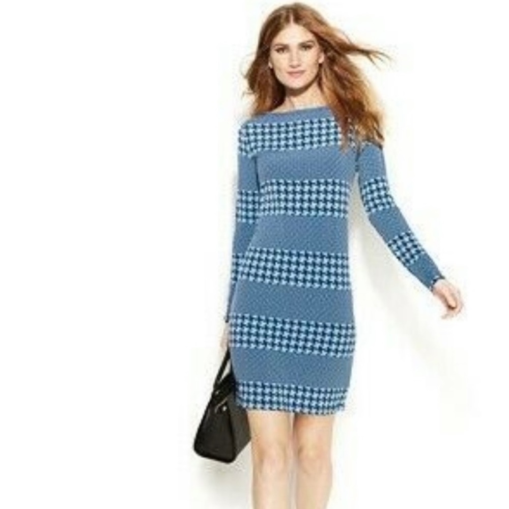 Michael Kors Herringbone Houndstooth Dress Long Sleeves Blue Black Size PS